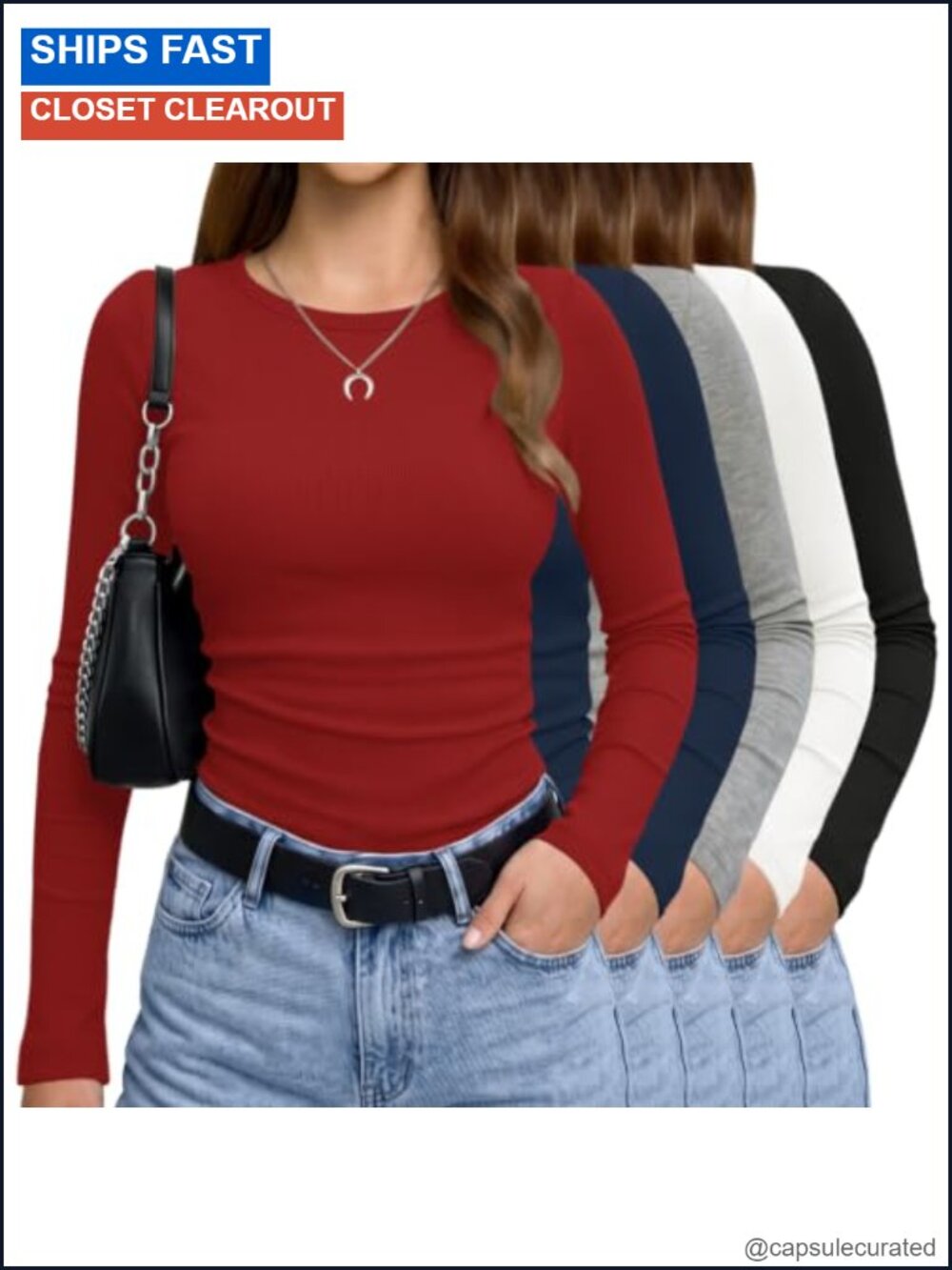5 Pack Womens Ribbed Long Sleeve Crew Neck Slim Fit Layering Tee Tops